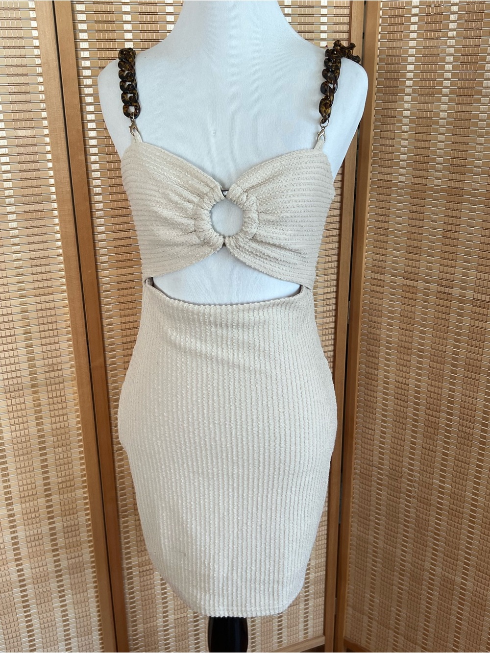 Lina Beige Knit Mini Dress with Ring Cutout and Tortoiseshell Chain Straps
